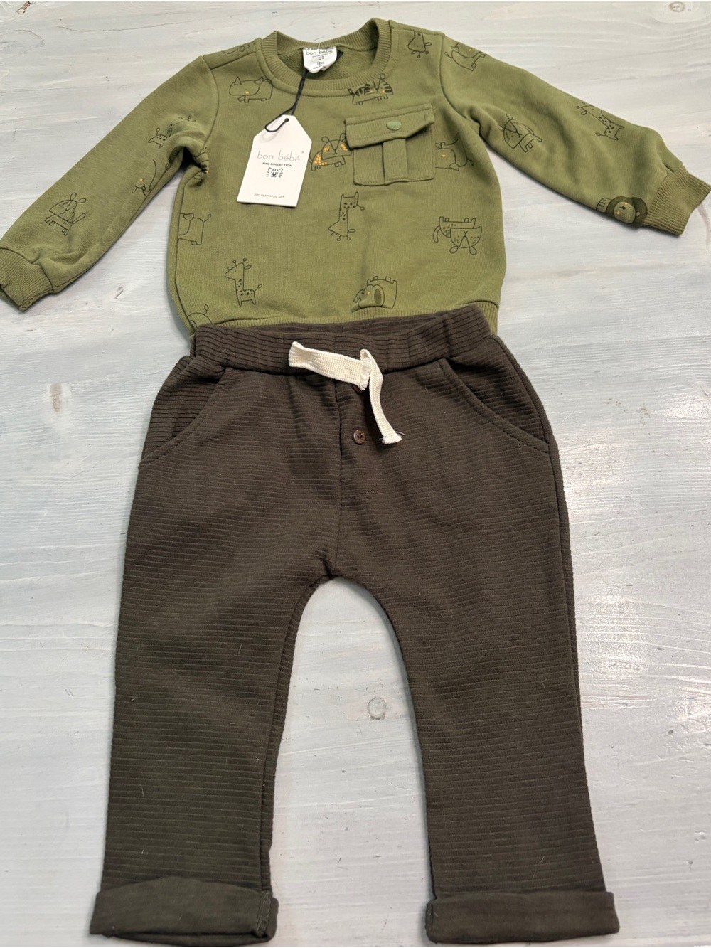 Bon Bebe Olive Green Sweatshirt with animals & Dark Brown Jogger Set - 12 mos